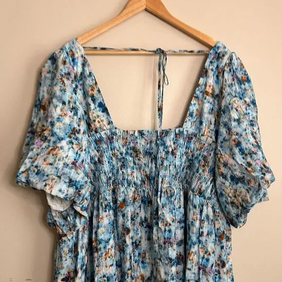 By Anthropologie Blue Floral Short-Sleeve Smocked Babydoll Midi Dress Size 3X - Picture 8 of 10